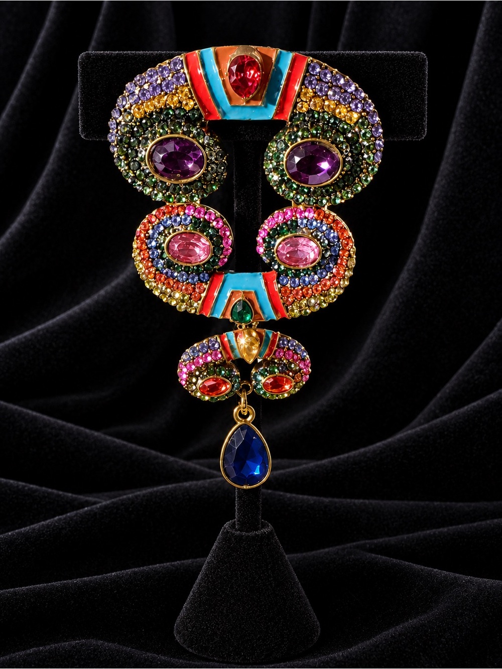 Large Multicolor Crystal Brooch with Blue Teardrop Accent